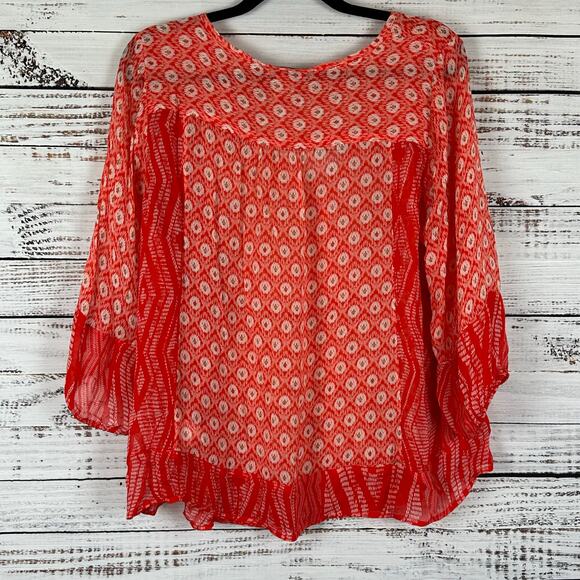Womens Lucky Brand Coral White Print Boho Silky Sheer 3/4 Sleeve Flowy Blouse 1X - Picture 2 of 6
